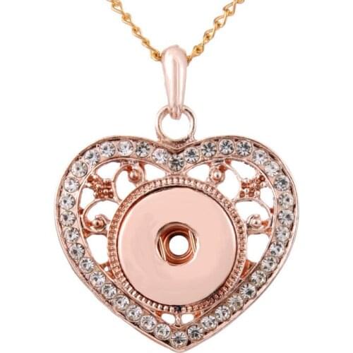 Snap Jewelry Crystal Rhinestone Rose Gold Heart Snap Button Necklace For Women Fit 18mm 20mm Snap Button Jewelry Snaps Necklaces