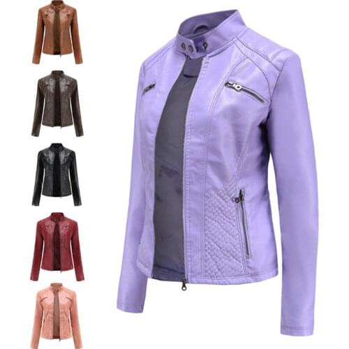 2021 Leather Jacket Women Zippers Spring Autumn Womens PU Leather Jacket Mandarin Collar Red Motor Biker Coat Female Oversized