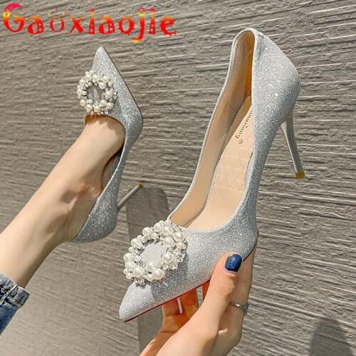 9CM Temperament Pointed Ladies Shoes Sexy Sequin Model Show High Heels Glitter Pearl Diamond Buckle Party Wedding Bridal Pumps