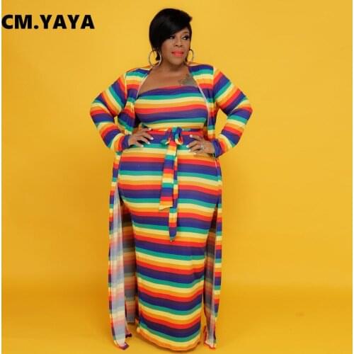 CM.YAYA Women Plus Size Set Striped Strapless Bandage Long Dress + Long Coats Two 2 Piece Sets Female Fashion Outfit Autumn 2021