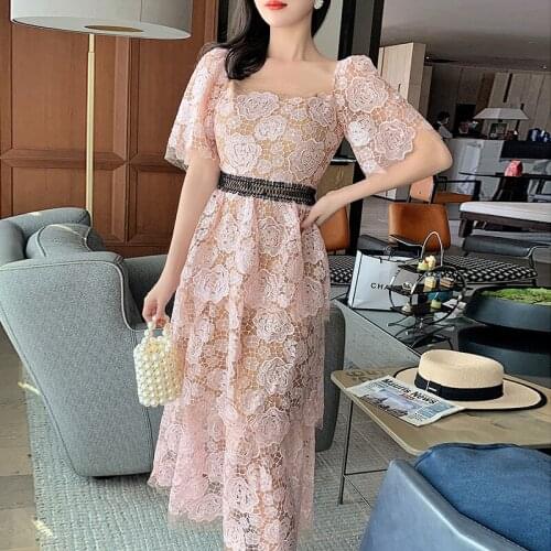 Summer 2021 pink floral female hollow lace embroidery square neck short sleeve high waist ruffled temperament dress