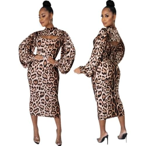 Sexy Leopard Long Sleeve Dress Sets Two Pieces Autumn Outfit Women Lantern Sleeve O Neck Crop Top + Spaghetti Strap Long Dresses