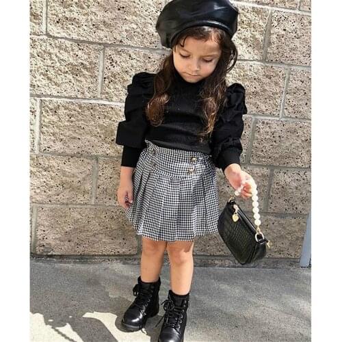 2021 New Children Girls Long Puff Sleeve Knit Blouse Tops +Plaid A-line Skirt Outfits Spring Fall Vintage Kids Clothes Sets 1-7Y