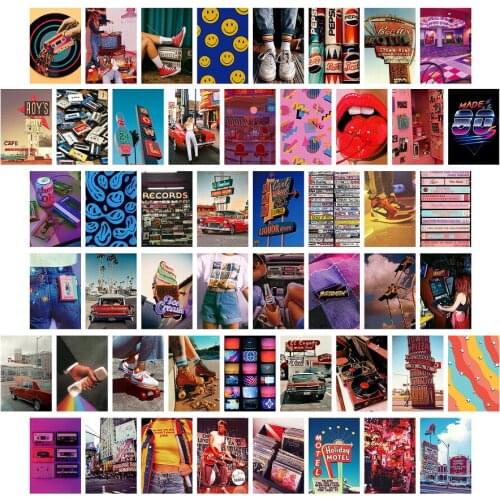 50Pcs/set Retro Picture For Wall Collage Kits Retro-Stlye Art Print Colorful Dorm Living Room Decoration For Girl Wall Collage
