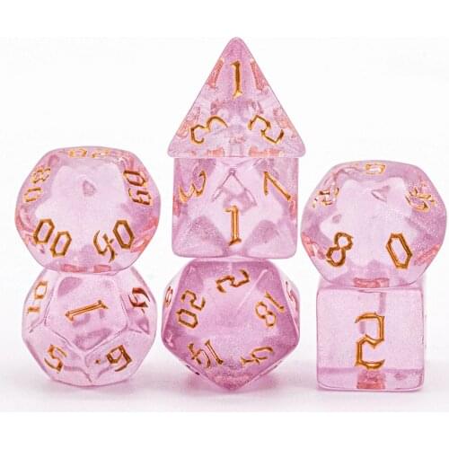7Pcs/Set Pink/Gold DND Dice Set D4 D6 D8 D10 D% D12 D20 Translucent Polyhedral Dice for Role Playing Board Game D&D TRPG MTG