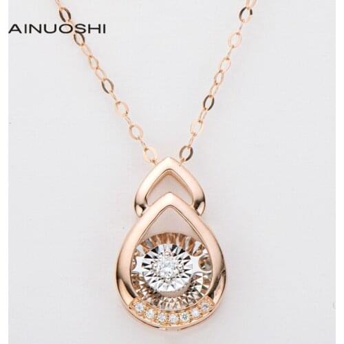 AINUOSHI 18K Rose Gold 0.05ct Real Diamond Fashion Pearl Shaped Dancing Pendant Necklace For Women Charm Unique Jewelry 18