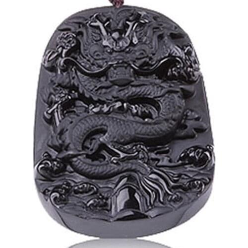 Beautiful 55x42mm Chinese Handwork Natural Black Obsidian Carved Dragon Amulet Lucky pendant + beads necklace Fashion Jewelry