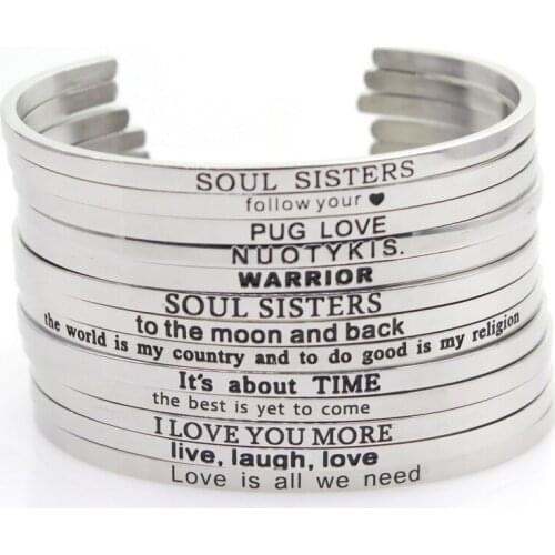 10pcs Stainless Steel Random Bangle Engraved Positive Inspirational Quote Handmade Cuff Mantra Bracelets For Women Best Gifts
