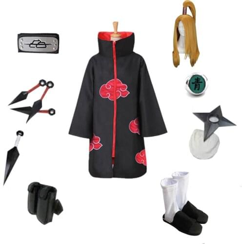 Brdwn Unisex Akatsuki Deidara Cosplay Costume Full set( Red Cloud Cloak+Headband+Shoes+Ring+Kunai+bag+shuriken)