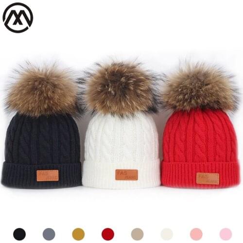 New childrens knitted cotton caps boys outdoor warm and comfortable beautiful patch for a girl real fur pompom for hats skullie