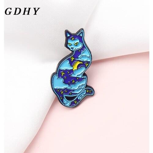 GDHY Night Moon Cats Enamel Pins Moon and Stars Blue Cat Magic wizard Persian Cat Brooch Animal Brooches Badge Jewelry for Kids