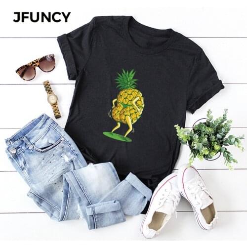 JFUNCY Cartoon Pineapple Print New T Shirt Women Short Sleeve Loose Tshirt Woman Summer Cotton Tee Shirts Plus Size Female Tops