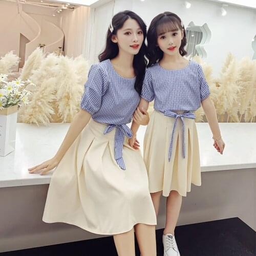 Family Look Matching Clothes Red Blue Bow Plaid Tops + Skirt 2PCS Outfits Summer 2021 Fashion Mother And Daughter Clothing Sets