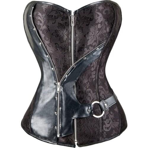 Steampunk Corset Leather Belt Metal Ring Corsets Plus Size S-6XL Pirate Overbust Gothic Gorset Zipper Jacquard Basque Top