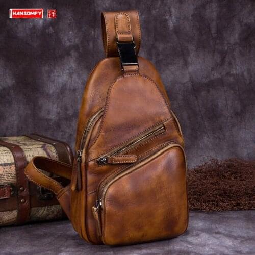 Vintage genuine leather Mens chest bag handmade Men shoulder messenger bag male soft leather first layer cowhide leisure bags