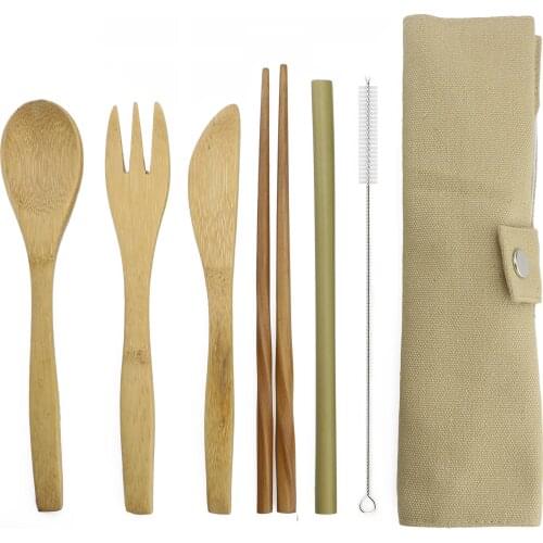 7-Piece Wooden Flatware Cutlery Set Bamboo Straw Set With Cloth Bag Knives Fork Spoon Chopsticks Travel Dropshipping