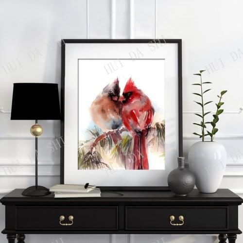 Couple Cardinal birds art print, Watercolor Painting of Birds, Red Birds Christmas Wall Art, Couple in Love Fine Art Print