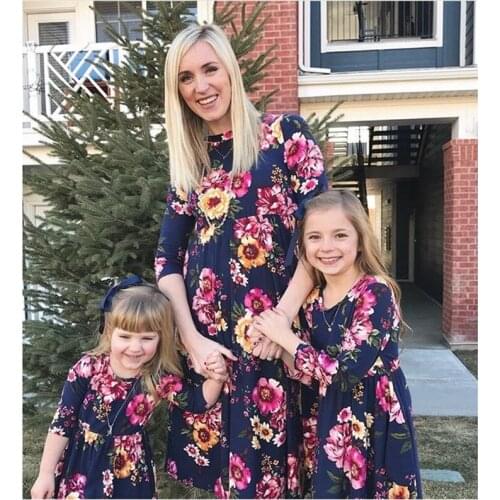 Family Matching Flower Print O-Neck Midi Dress Mommy and Me High Waist Spring Summer Fall Dress NO30-40