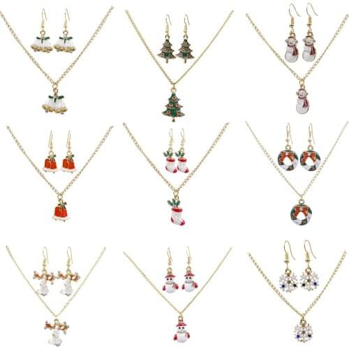 Christmas Themed Rhinestone Enamel Bright Color Necklaces Earrings Jewelry Set Gift 9 Styles Snowman Jingle Bell Elk