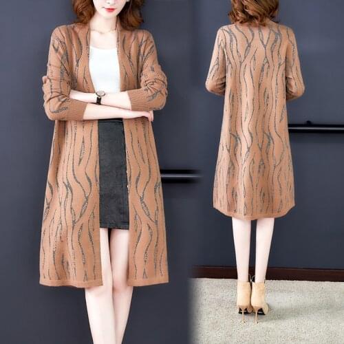 Plus Size Sweater Womens Autumn New Long-sleeved Casual Printed Mid-length Knitted Sweater Cardigan Wide Wife Sweater New Z524