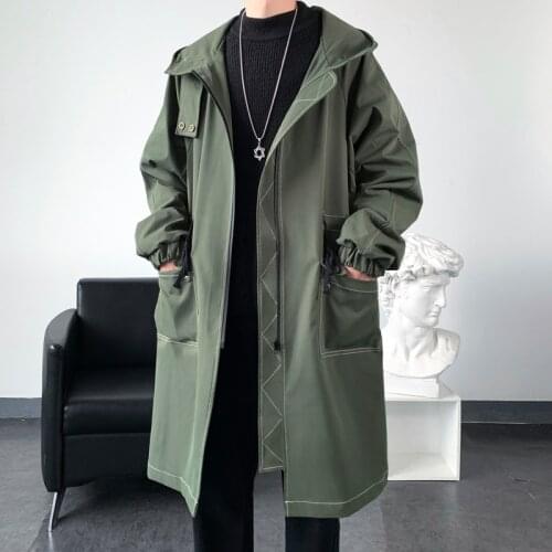 Autumn Korean Style Trench Mens Fashion Solid Color Casual Long Coat Men Streetwear Loose Windbreaker Jacket Mens Overcoat