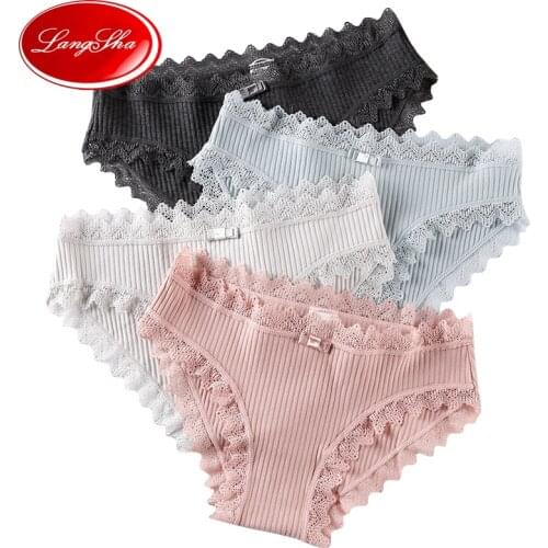 LANGSHA 3Pcs/lot Sexy Lace Panties Women Cotton Underwear Seamless Solid Girls Briefs Cute Bow Soft Breathable Female Lingerie