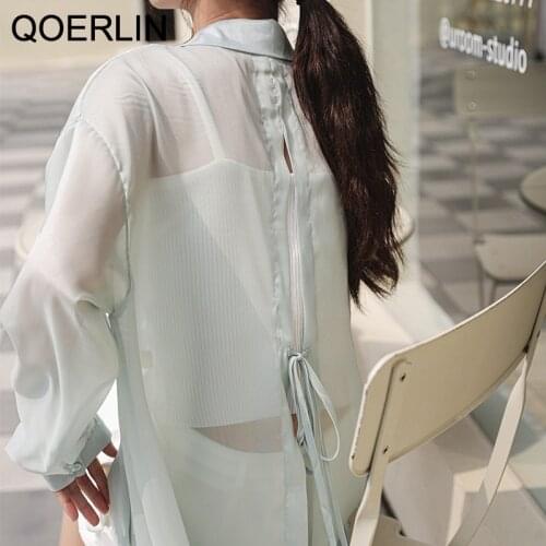 QOERLIN Single Breasted Blouse Office Ladies Turn-Down Collar Big Lantern Sleeve Full Sleeve Simple Basic Tops Loose Solid Shirt