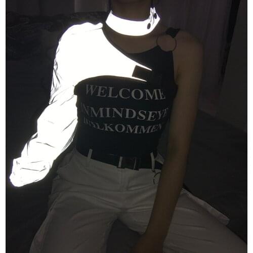 Women punk hip hop reflective t shirt asymmetric one shoulder off tees tops women 's harajuku nightclub ribbons street wear coat