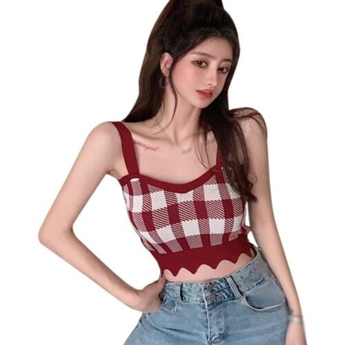 Women Retro Vintage Plaid Knit Camisoles Spaghetti Straps Sleeveless Buttons Trim Tank Tops
