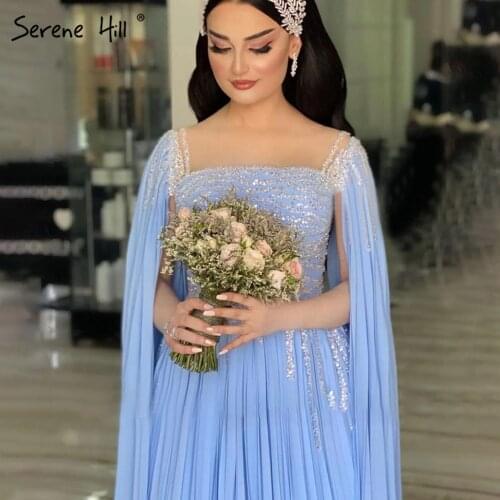 Serene Hill Blue Cape Sleeves Evening Dresses Gowns 2021 Beaded A-Line Chiffon For Women Party LA71319