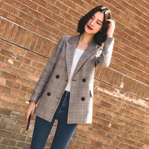 Female Retro Suits Coat Work Feminino Outerwear High Quality Vintage Bouble Breasted Plaid Women Blazer Spring Pockets Jackets