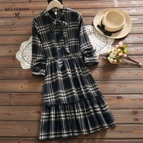 Autumn Spring Vintage Plaid Dresses Female Elegant Bow Lace-up Elastic Waist Ruffles Dress Ladies Chic Long Sleeve Midi Dress