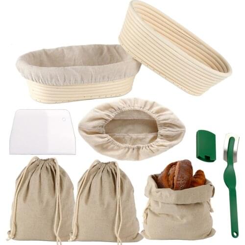 11 inch Pack 2 Oval Bread Proofing Basket Baking Molds Tools Rattan Bannetons Proving Basket w/Cloth Liner Storage Bags Scraper