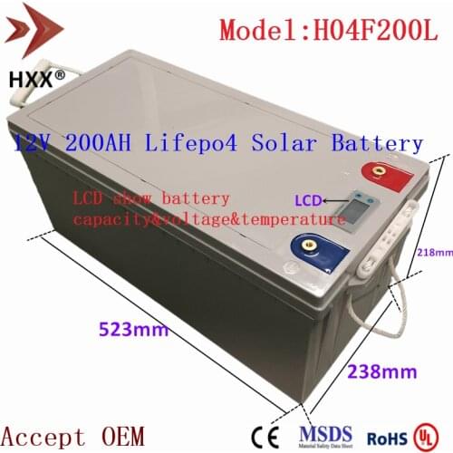 Lifepo4 12V 200AH Battery Built 4S 200A BMS LCD Lithium Ion Batteries Deep Cycle Free Maintenance for UPS Camper Caravan RV