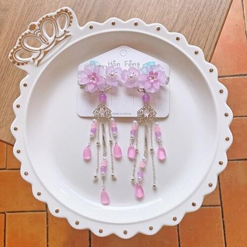 2 Pcs Flower Style Pendant Long Tassel Hanfu For Gril Women Hair Acceaaory Handmade Hair Clip