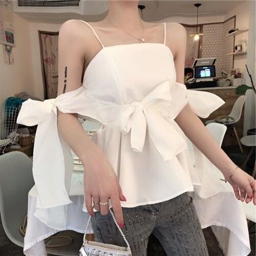 Heliar Women Off Shoulder Blouses Bow knot Spaghetti Straps Blouses Harajuku White Blouse Shirt Women Blouse 2021 Summer