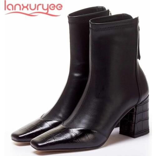 Lanxuryee Chelsea boots natural leather stone pattern square toe thick high heel back zip gorgeous elegant lady ankle boots L46