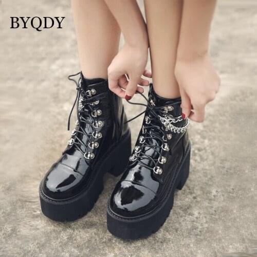 BYQDY Chunky Heels Woman Boots Patent Leather Autumn Shoes Sexy Metal Chains Round Head Platform Lace-up Gothic Footwear Plus 42
