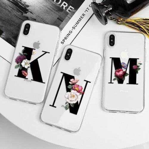 Clear Art Initial Letter Flower Case For Redmi 9 Prime 9C NFC 9A 9T Note 8 2021 9 9S 10 8T 5 6 7 K40 Pro Max Plus TPU Back Cover