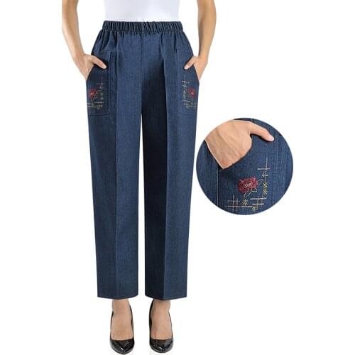 Elderly Womens Jeans Spring Autumn New Embroidery Elastic High Waist Mother Cowboy Pants Loose Large Size Grandma Trousers 1415