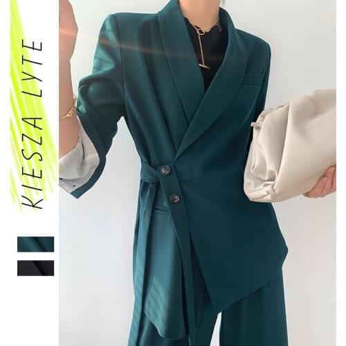 Women Pant Suit Loose Blazer Jacket & Wide Leg Pants 2021 Spring Uniform Work Pant Suits OL 2 Piece Set Female