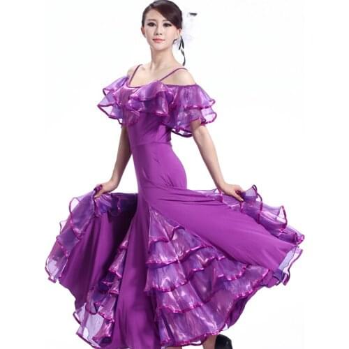 Hot Double-shoulder Ballroom Competition Dance Dress Luxury Organza Fluncy Layered Stage Dancing Dresses For Women MQ209