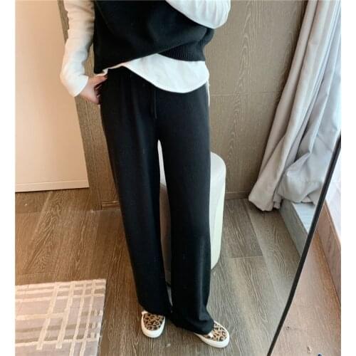 LMQ NEW 2020 Fall Winter Women Knitted Straight Wide Leg Trousers Loose Drawstring Elastic Waist Plus Size Thick Casual Pants