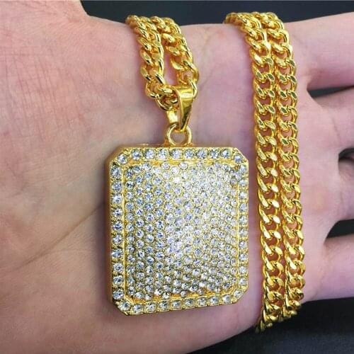 Fashion Men Hip Hop Gold Geometric Square Dog Tag Pendant Chain Bling Iced Out Full Crystal Rhinestone Rock Rap Necklace Jewelry