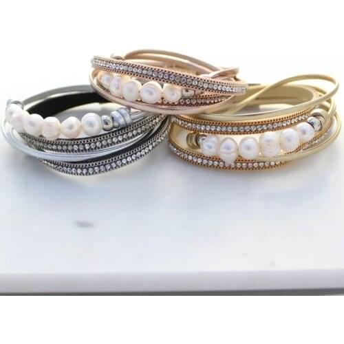 Fashion Gorgeous Wrap Rhinestone Freshwater Pearls Magnet Clasp Bracelets