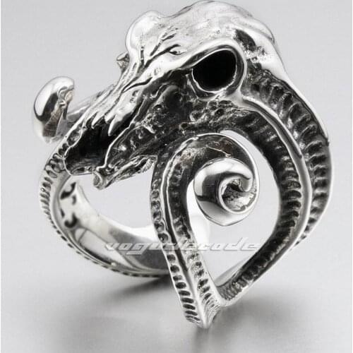 Large Ran Skull Horn Aries 316L Stainless Steel Mens Biker Ring 6R005