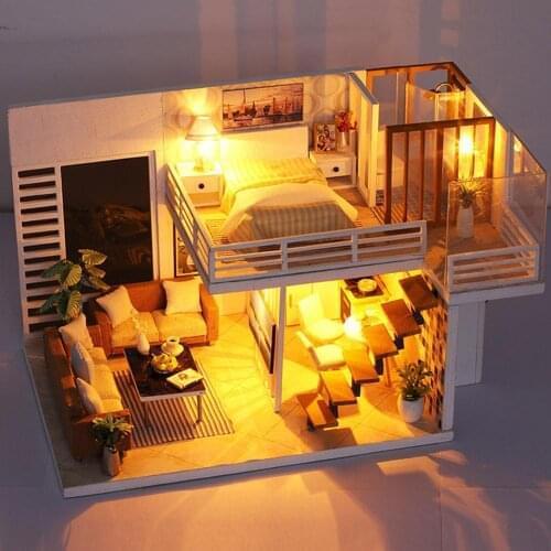 DIY Doll House Toys Kit with LED Lights Furniture Kit Villa 3D Wooden Miniature Dollhouse Toys Handmade Assembling Model