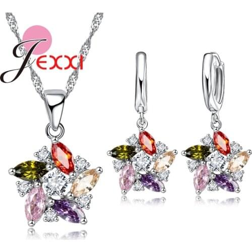 Wholesale 925 Sterling Silver Wedding Jewelry Sets Women Colorful Zirconia Crystal Star Pendant Neckalce Hoop Earrings Set