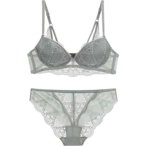 Bra & Brief Sets Hollow Out Lace Bra with Push Up Lacy Underwear Set Sexy Backless Bra with Transparent Panties Women Lingerie