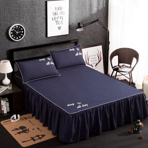 Jeefttby Solid Color Navy Blue Non-slip Bed Skirt Queen Size Bedding Set 3Pcs Cute Girl Bedsheet Bed Cover Pillowcase Home